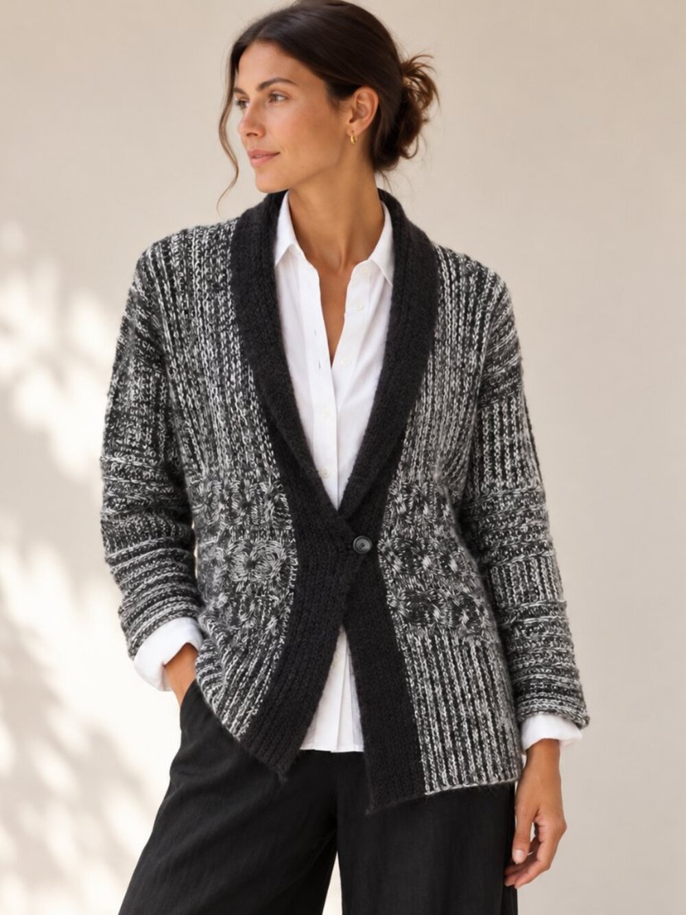 Oversized TanJay Black & White Textured Shawl Collar Cardigan